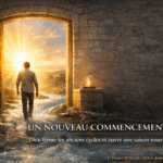 Illustration biblique d’un nouveau commencement spirituel : porte ouverte, lumière dorée, fleuve de restauration et consécration.