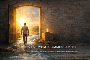 Illustration biblique d’un nouveau commencement spirituel : porte ouverte, lumière dorée, fleuve de restauration et consécration.