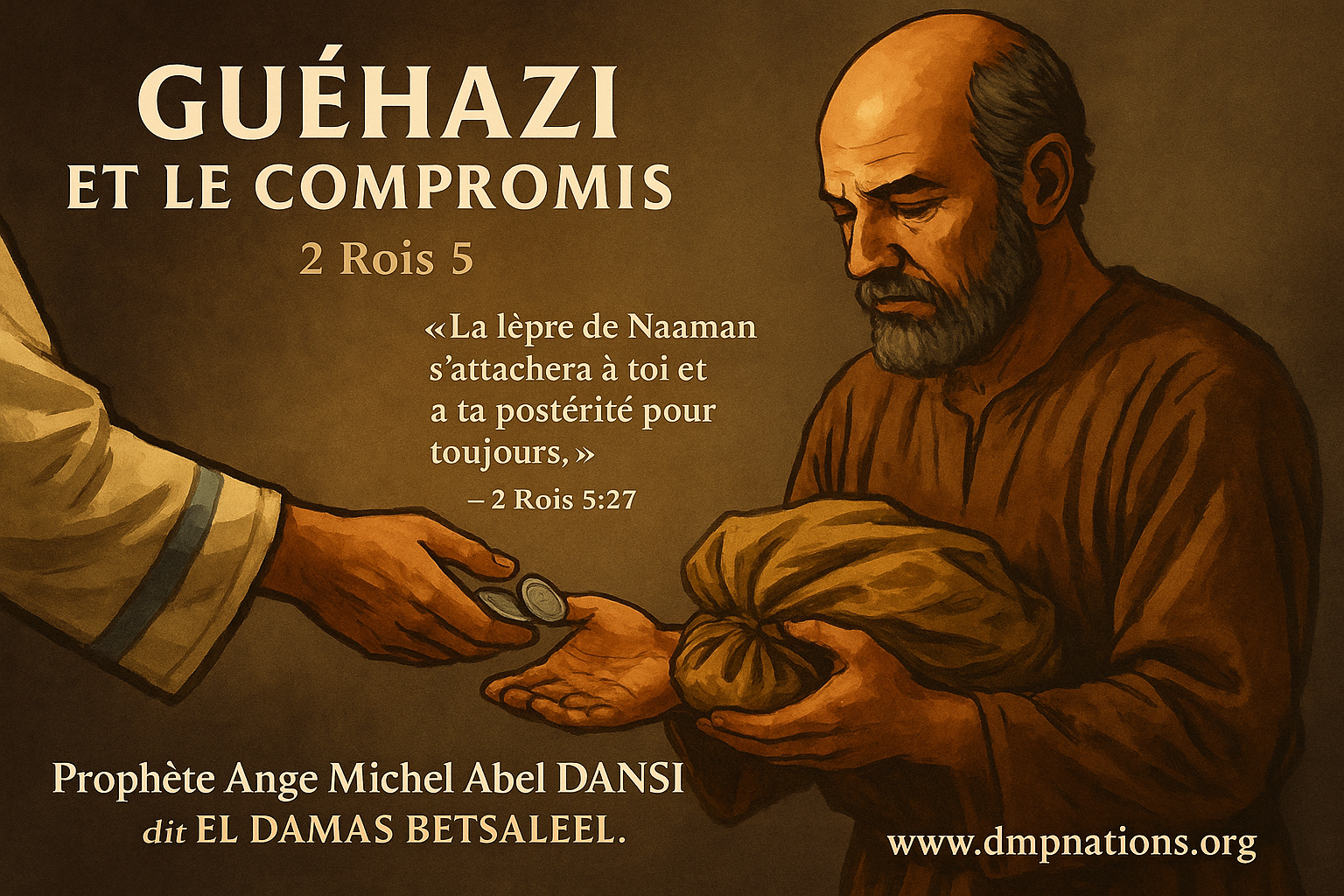 Guéhazi accepte un compromis et reçoit les présents de Naaman, symbole de malédiction générationnelle (2 Rois 5). Symbole du compromis